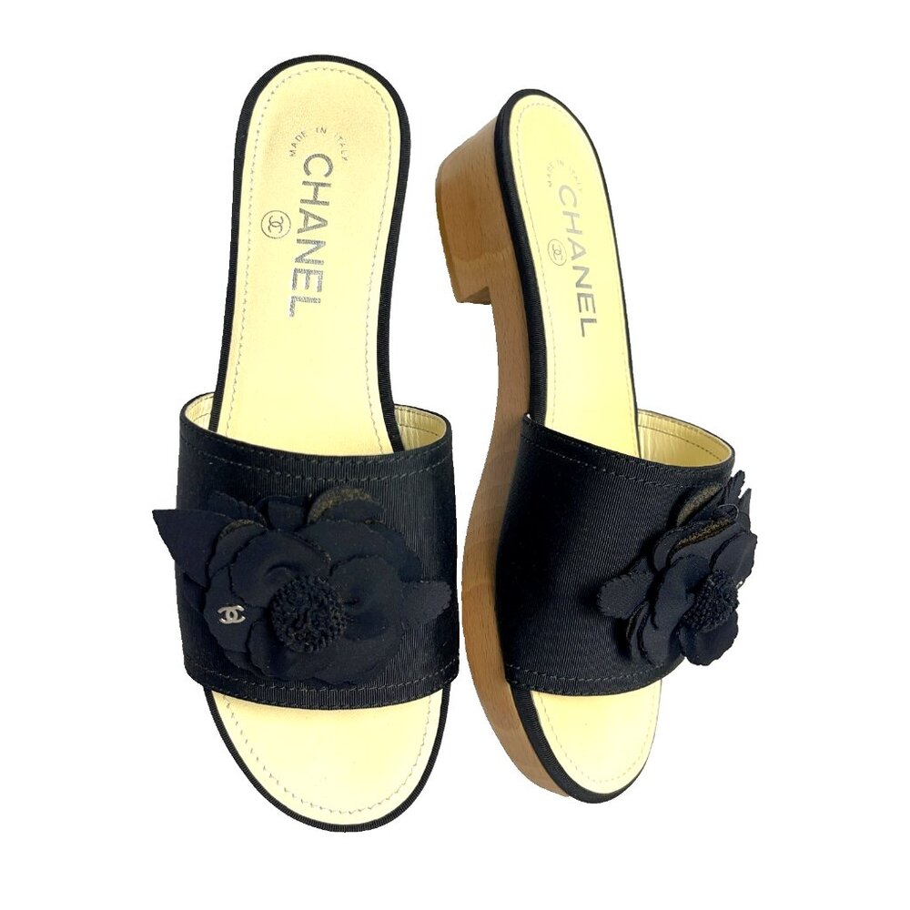 CHANEL CC 2015 Interlocking CC Logo Slides Shoes Sandals Wood +Box Sz 38 US 7.5 - Picture 9 of 16